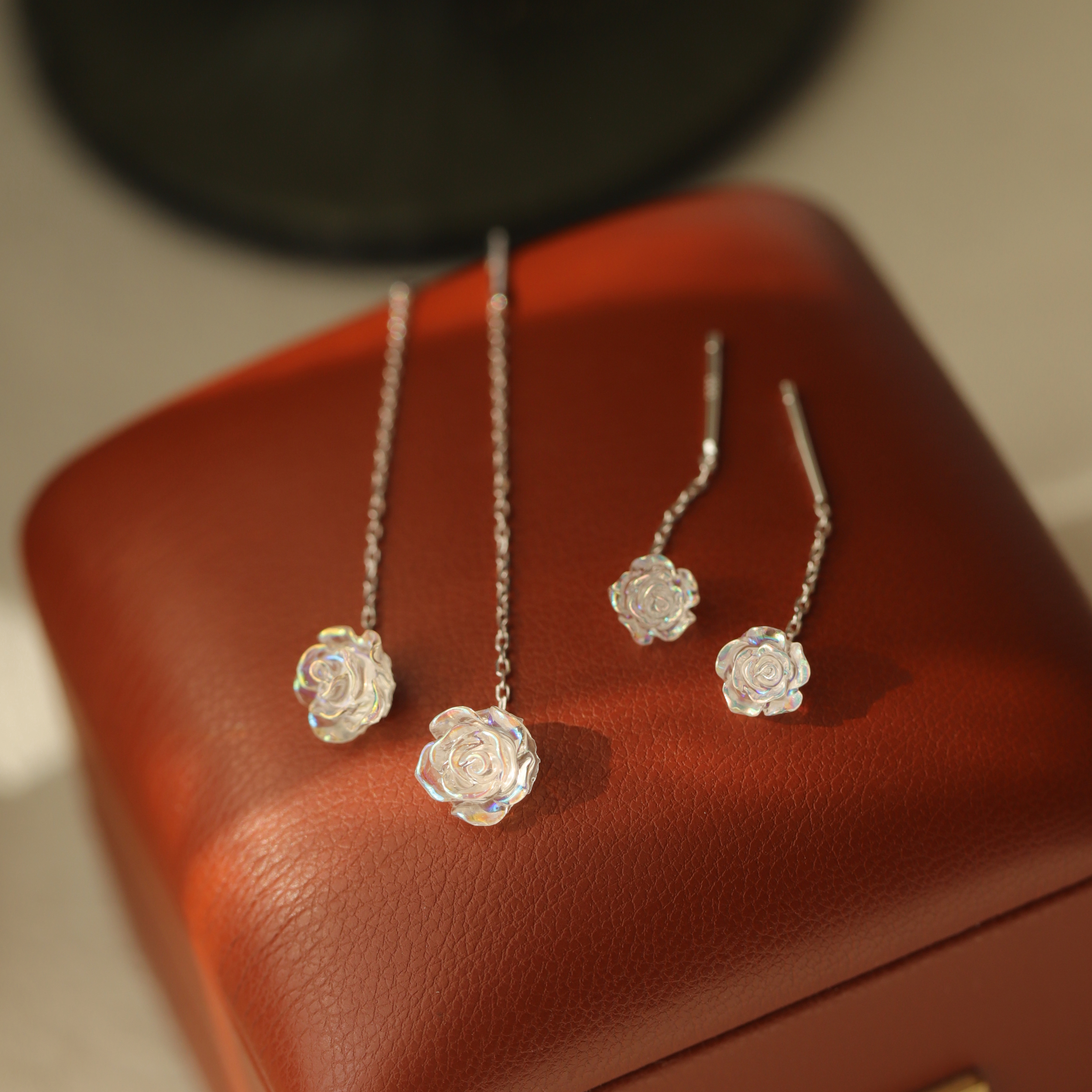 彩極光白色玫瑰花甜美流蘇耳線女