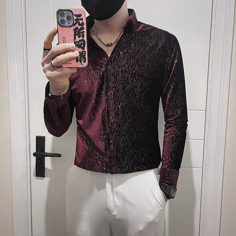 满天星烫钻韩绒长袖衬衫秋天潮男士痞帅炸街寸衫HF307-特P60,男装衬衫,电商B372
