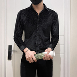韩绒烫银丝闪亮轻奢小香风高级感男士长袖衬衫黑色A229-P65，男装衬衫，电商B372