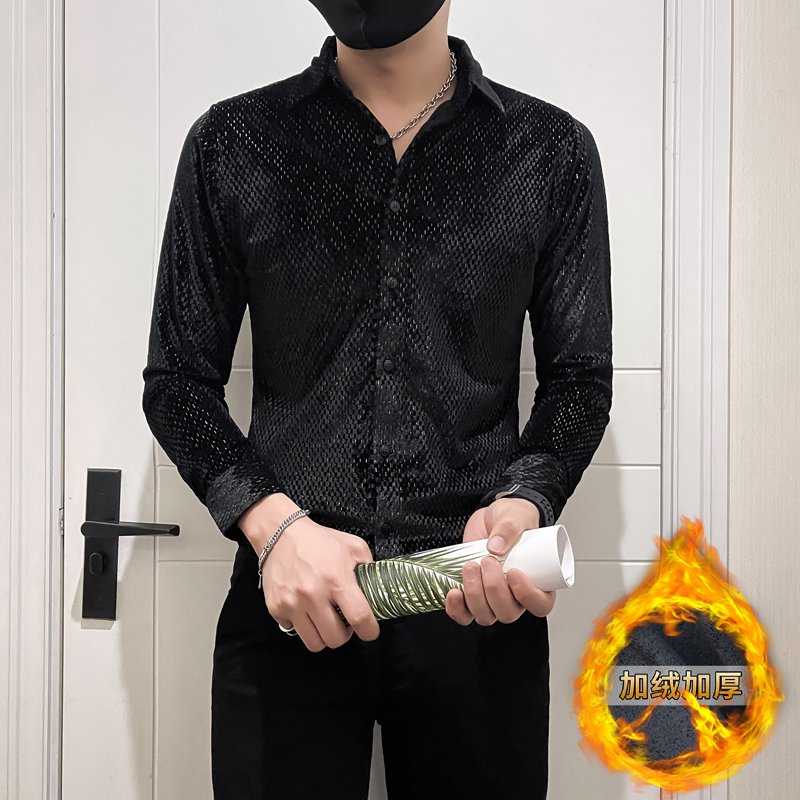 加厚金丝绒社会小伙店主风轻熟风商务风男士长袖衬衫A229加绒-P75,男装衬衫,电商B372