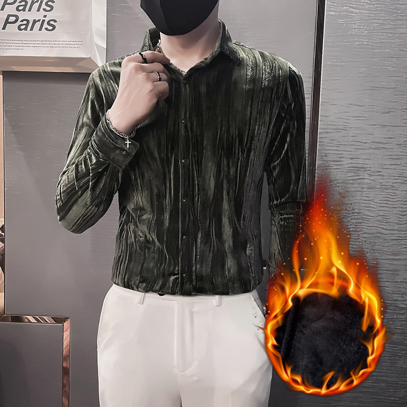 韩绒男士衬衫长袖秋冬天2025新款高档加绒加厚寸衫HF666-特P70,男装衬衫,电商B372