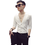 2025春夏新款社会青年精神小伙七分袖衬衫夜店中袖白寸衫A21-P50，男装衬衫，电商B372