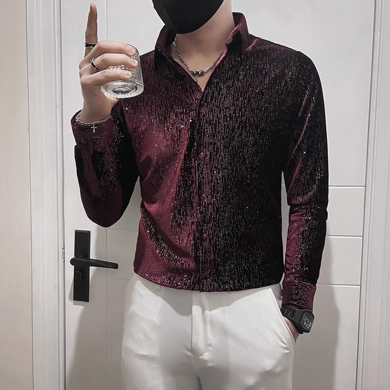 满天星烫钻韩绒长袖衬衫秋天潮男士痞帅炸街寸衫HF307-特P60,男装衬衫,电商B372