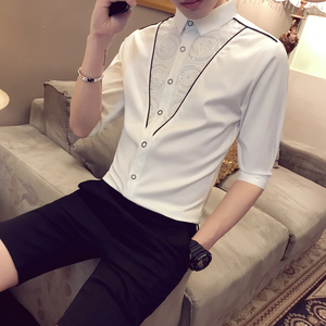 2025夏天新品 男士七分袖衬衫 时尚修身蕾丝拼接中袖衬衣 A31-P50图片