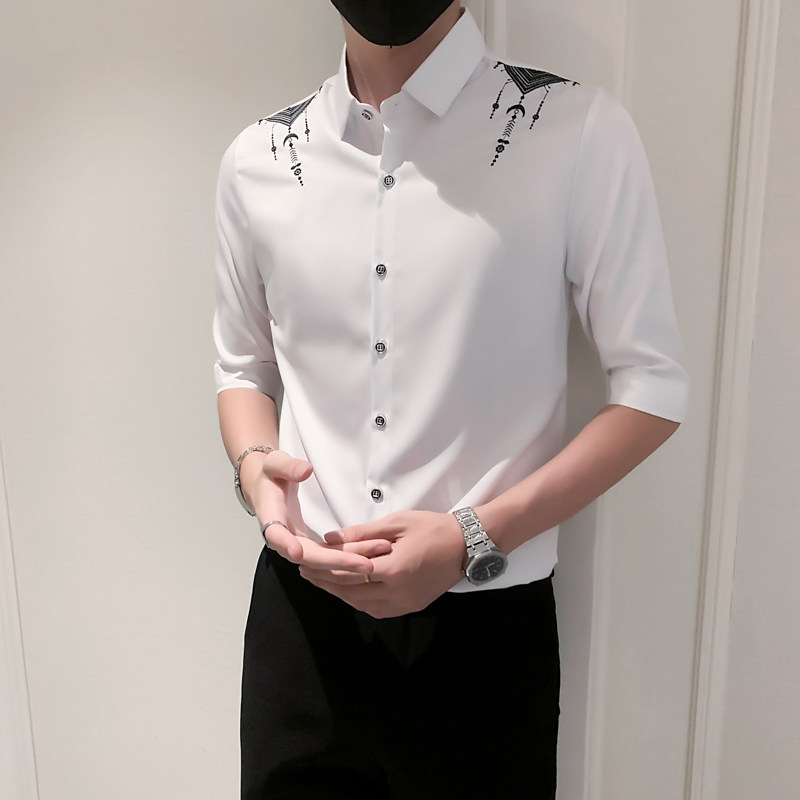 夏装新款七分袖衬衫男装ins潮牌西装领刺绣寸衫衣服A179-P55,男装衬衫,电商B372