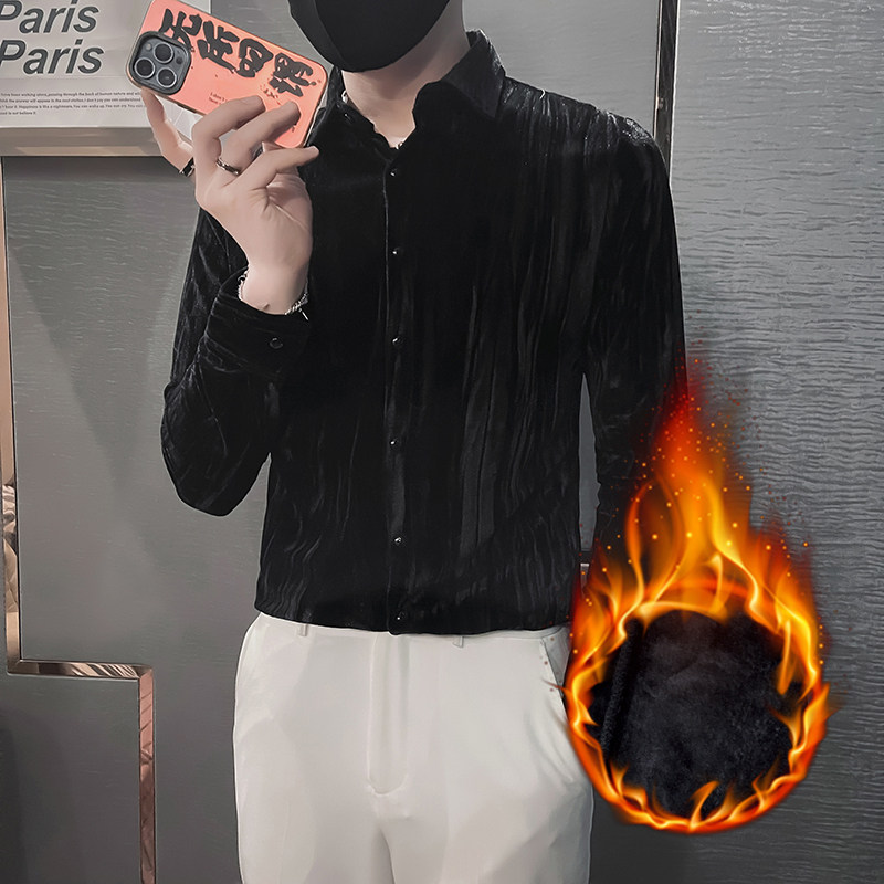 韩绒男士衬衫长袖秋冬季2025新款高档加绒加厚寸衫HF666-特P70,男装衬衫,电商B372