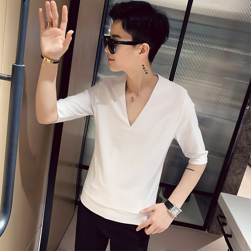 2025夏季新款潮男士中袖T恤休闲短袖V领纯色体恤七分袖AT28-P45,男装T恤,电商B372