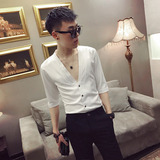 2025春夏新款社会青年精神小伙七分袖衬衫夜店中袖白寸衫A21-P50，男装衬衫，电商B372