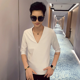 2025夏季新款潮男士中袖T恤休闲短袖V领纯色体恤七分袖AT28-P45，男装T恤，电商B372