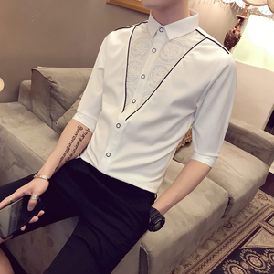 2025夏天新品 男士七分袖衬衫 时尚修身蕾丝拼接中袖衬衣 A31-P50,男装衬衫,电商B372