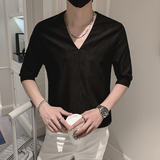 2022流行休闲V领男士修身t恤时尚社会小伙纯色七分袖小衫AT28-P45，男装T恤，电商B372