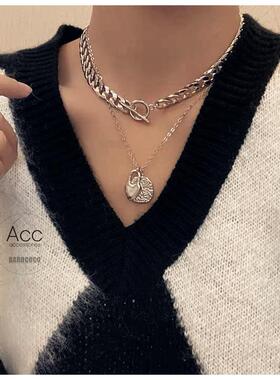 【特】英国AS0S混搭叠戴风好质感双层金币锁链卫衣短项链毛衣链女