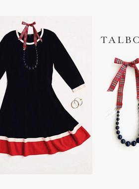 39美刀美国轻奢TALB0TS英伦复古藏青色串珠红格纹格子系带项链女