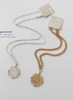 【孤品】小众复古ins风环形金币卫衣项链欧美双面浮雕硬币毛衣链