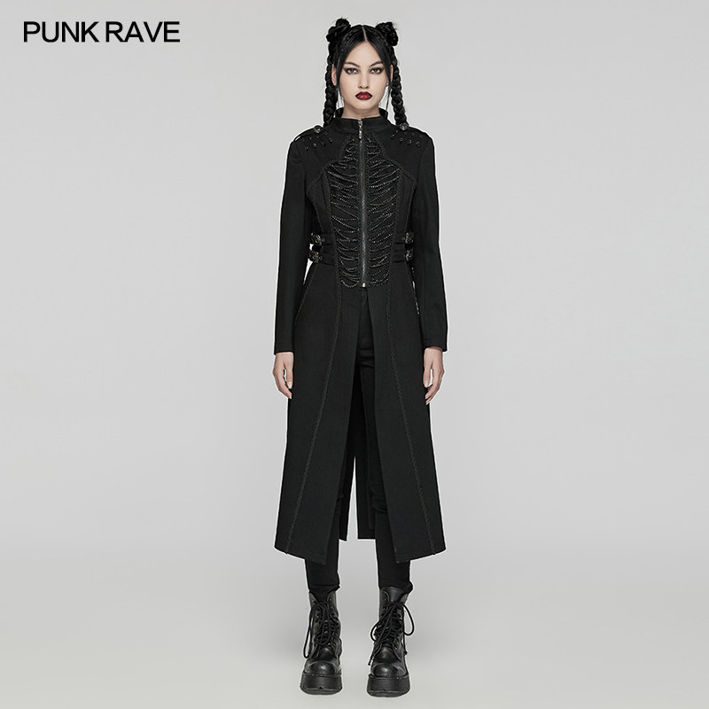 小破亚文化 PUNK RAVE pr朋克状态女装 军装风牛仔链条视觉长外套
