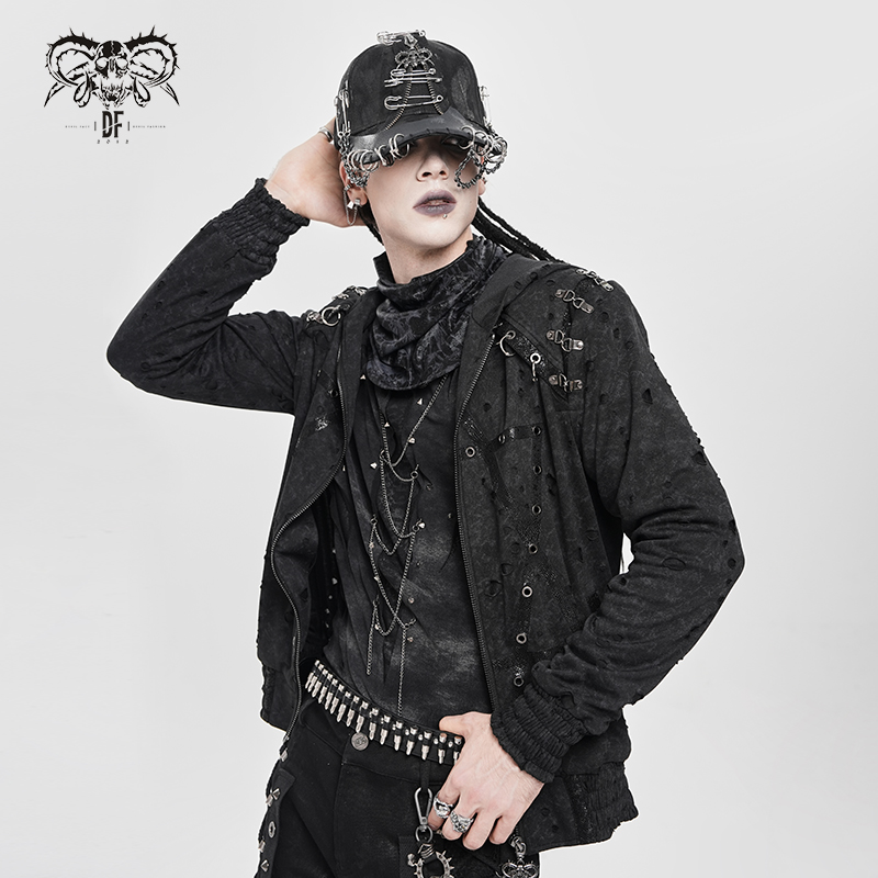 朋克破洞雾花连帽卫衣外套