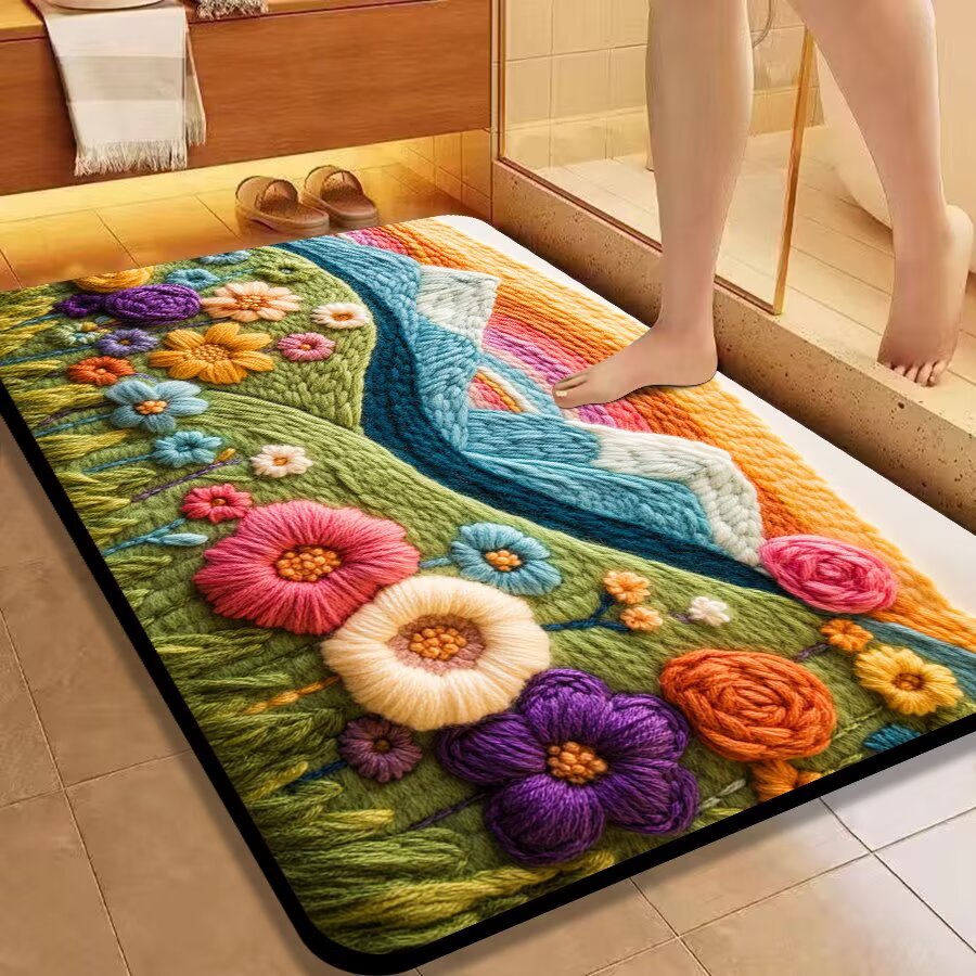 卫生间浴室门口速干防滑脚垫入户门口地垫3D仿植绒洗手台吸水地毯