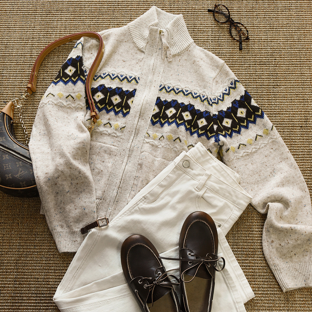 秋冬女款费尔岛复古提花立领拉链毛衣外套叠穿显瘦针织开衫上衣韩