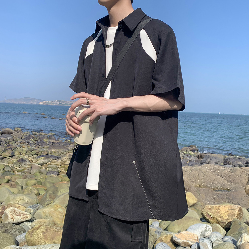 设计拼接衬衫24夏装大码宽松港风男士短袖衬衫DX2377P45,男装衬衫,电商A031-1