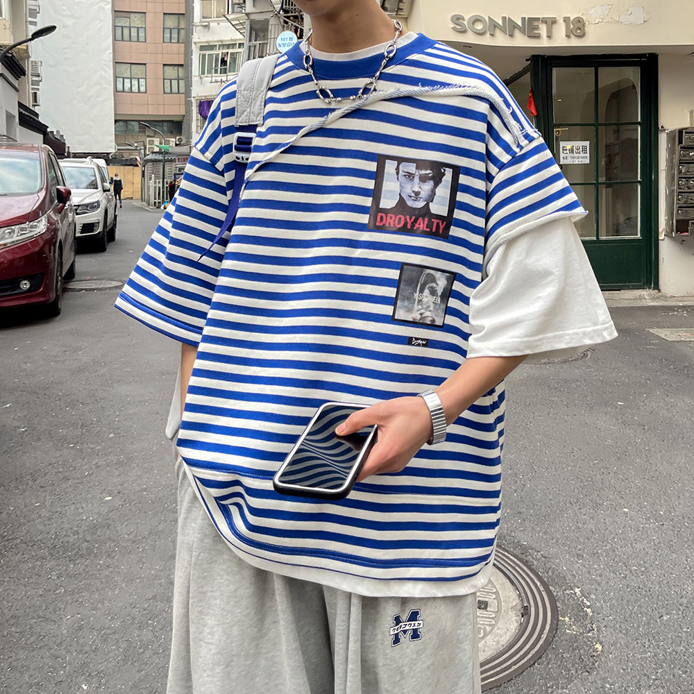 24夏装新款男装宽松假两件条纹男士短袖T恤 DY603 P45图片
