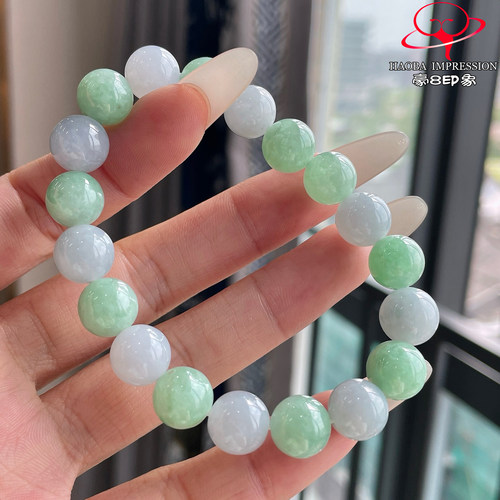 豪8印象P26048P2748翡翠手链天然冰糯种双彩缅甸玉石佛珠手串
