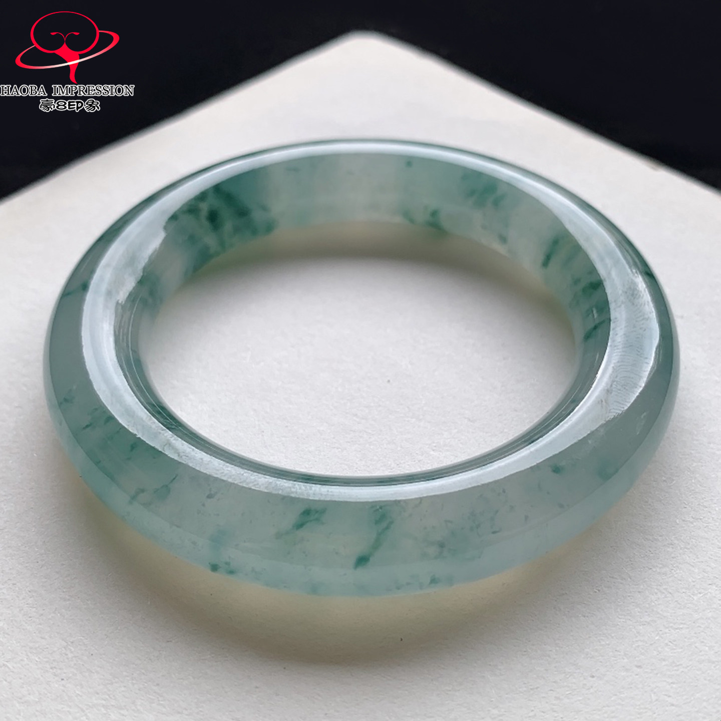 豪8印象V118翡翠圆条手镯圈口58.3天然玻璃种蓝绿飘花缅甸玉手镯