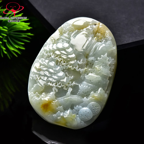 豪8印象手镯之家G26036G241翡翠山水牌吊坠天然缅甸淡绿黄翡挂件