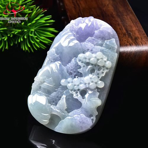 豪8印象手镯之家G26260G115翡翠意境山水牌吊坠天然淡紫淡绿挂件