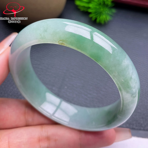 豪8印象X26280X533®翡翠手镯圈口天然缅甸浅油青飘花冰种玉镯70g