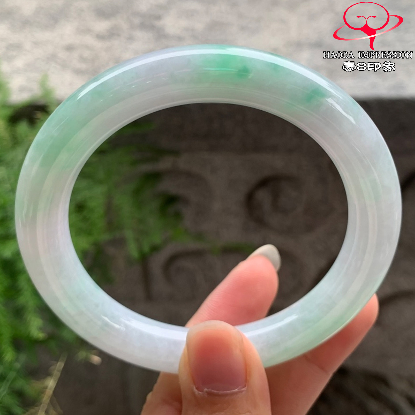 豪8印象V26660V1465翡翠圆条手镯圈口59天然冰糯种阳绿飘花玉手镯