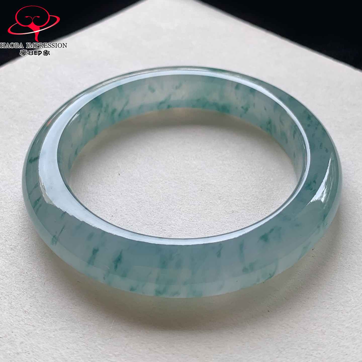 豪8印象V154翡翠手镯圈口55.4天然高冰种蓝绿飘花缅甸玉手镯a货