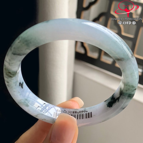 豪8印象W26080W714天然A货翡翠圈口54冰糯种水墨飘花正圈玉手镯