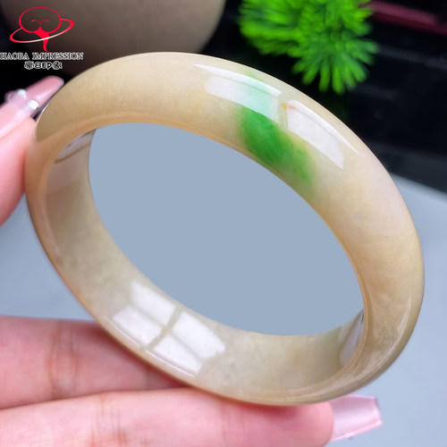 豪8印象X26028X524翡翠手镯圈口58.8天然糯种黄翡带翠缅甸玉镯67g