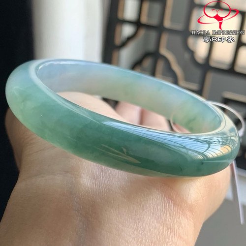 豪8印象W26180W515翡翠手镯圈口53.6天然冰糯种半山水油青玉镯子