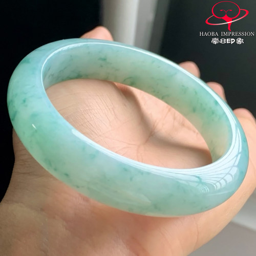 豪8印象W26280W391翡翠手镯圈口57.7天然冰糯种绿飘花缅甸玉手镯