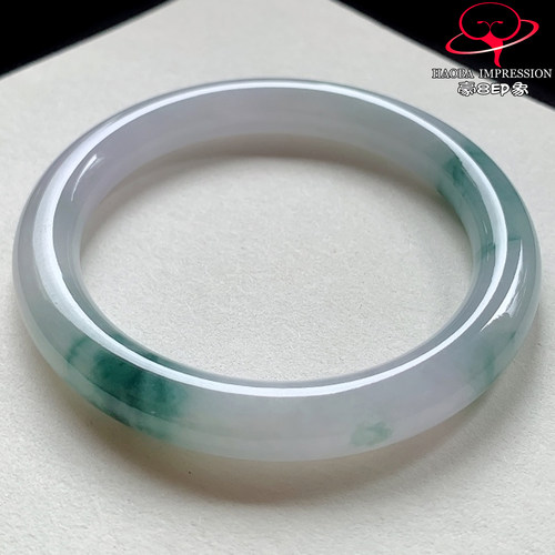豪8印象V26800V1851翡翠圆条手镯圈口58.1天然冰种蓝绿飘花玉手镯