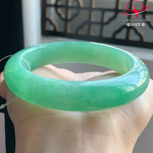 豪8印象W262200W131翡翠手镯圈口53.9天然冰糯种豆阳绿缅甸玉手镯