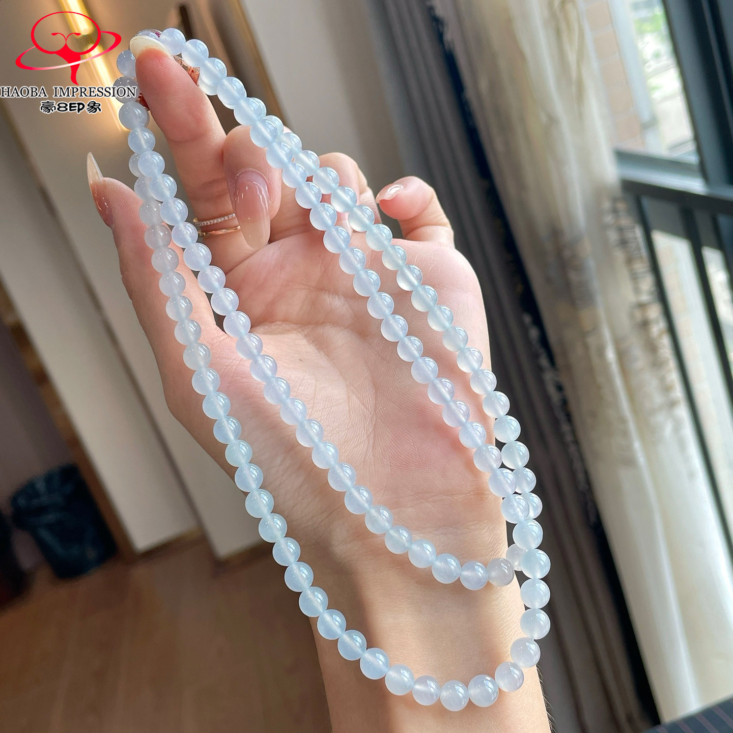 豪8印象P903冰种蓝水翡翠项链珠链手串6.8/108颗天然缅甸玉石珠子