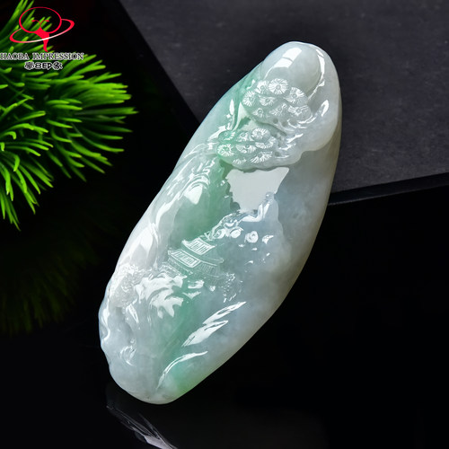 豪8印象手镯之家G26036G238翡翠山水牌吊坠天然缅甸白底带绿挂件