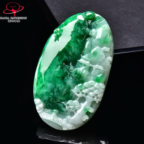 豪8印象手镯之家G26160G143翡翠山水牌吊坠天然冰糯种翠绿玉挂件