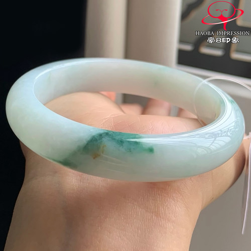 豪8印象W26048W809天然A货翡翠圈口56糯种白底飘蓝花正圈玉手镯