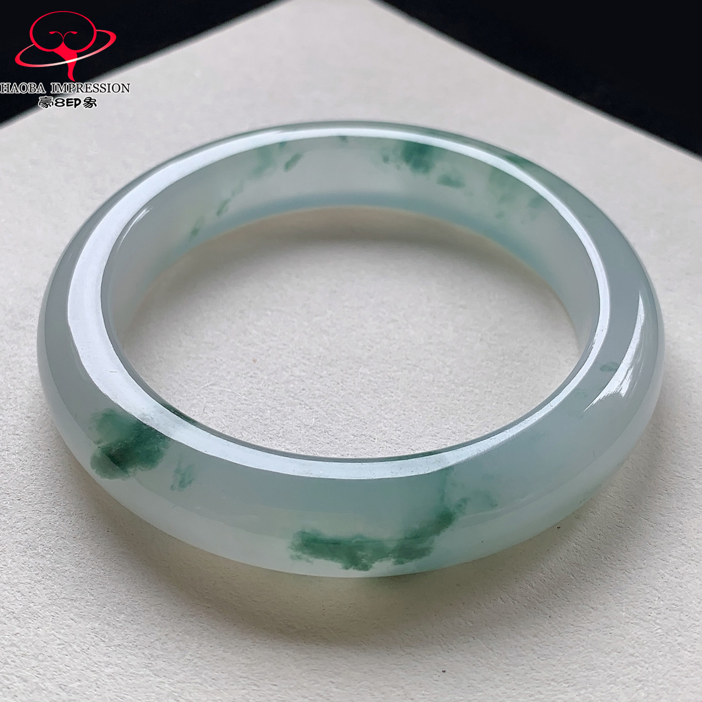 豪8印象V320翡翠手镯圈口59.2天然高冰种蓝飘花缅甸a货玉石手镯