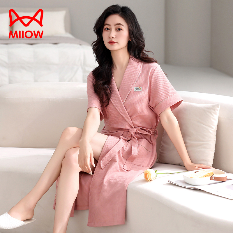 猫人女士睡袍夏季纯棉短袖长款浴袍大码薄款吸水女款夏天和服浴衣