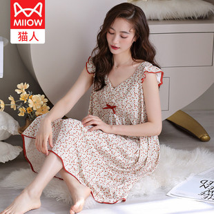 猫人睡裙女士夏季莫代尔无袖背心中老年妈妈长款薄款可外穿连衣裙