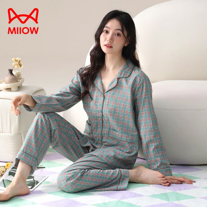 猫人梭织棉纱布睡衣女士春秋长袖薄款纯棉家居服中年妈妈格子套装