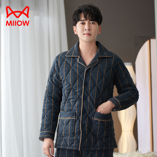猫人男睡衣秋冬季纯棉加厚三层夹棉袄冬中年单件上衣可外穿家居服