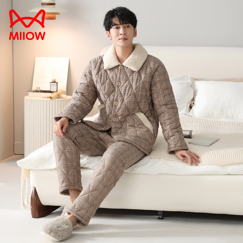 猫人睡衣男冬季三层加厚加绒纯棉夹棉男款秋冬款珊瑚绒棉袄家居服