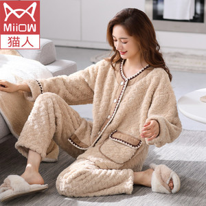 猫人睡衣女冬季珊瑚绒加厚加绒2024年新款秋冬款法兰绒大码家居服
