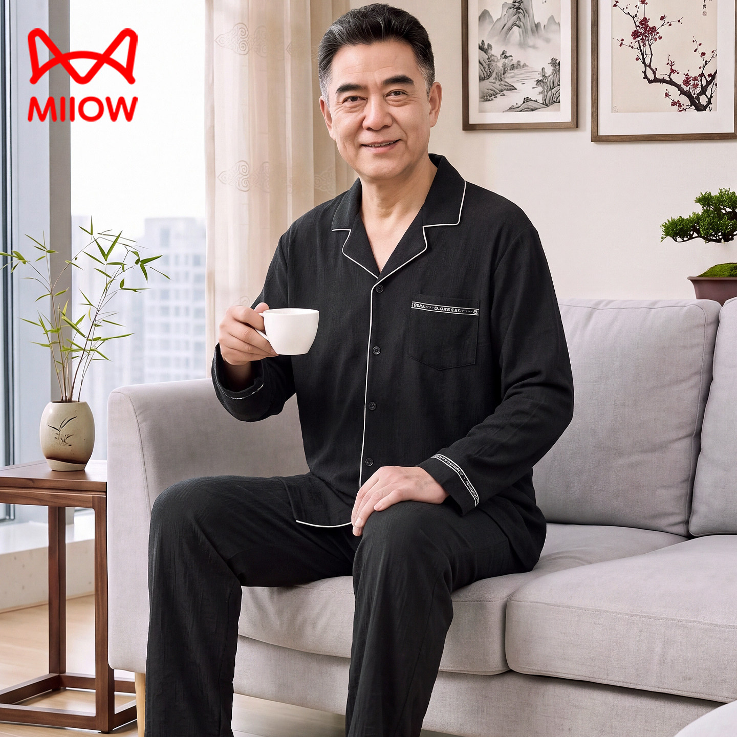 猫人中老年人爸爸睡衣男春秋季纯棉长袖中年男式加大码开衫家居服