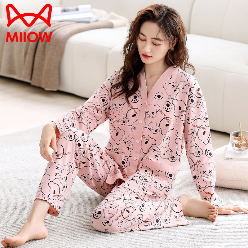 猫人带胸垫睡衣女春秋款纯棉长袖女款秋季薄款大码开衫家居服套装